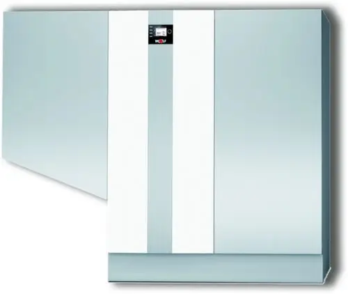 Gasbrennwertkessel in weißem Design von Wolf, mit digitalem Steuerungselement, installiert an einer Wand.